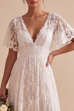 Robe de mariée blanche à col V à manches papillon ligne A asymétrique haute-basse avec dentelle