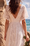 Robe de mariée blanche à col V à manches papillon ligne A asymétrique haute-basse avec dentelle