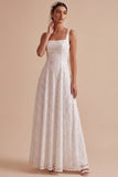 Robe longue de mariée blanche ligne A à col carré, à paillettes avec appliqués
