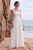 Robe longue de mariée blanche ligne A à col carré, à paillettes avec appliqués