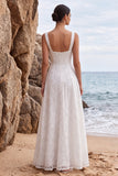 Robe longue de mariée blanche ligne A à col carré, à paillettes avec appliqués
