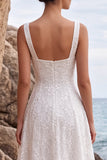 Robe longue de mariée blanche ligne A à col carré, à paillettes avec appliqués
