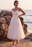 Robe de mariée midi blanche à col V glitter