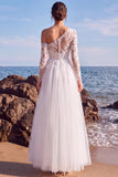 Robe longue de mariée blanche à une épaule en tulle avec appliqués floraux