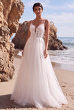 Robe longue de mariée blanche en tulle à col V avec appliqués