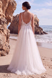 Robe longue de mariée blanche en tulle à col V avec appliqués