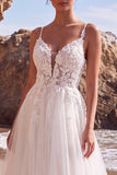 Robe longue de mariée blanche en tulle à col V avec appliqués