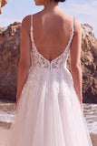 Robe longue de mariée blanche en tulle à col V avec appliqués