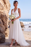 Robe de mariée blanche ligne A à col V asymétrique haute-basse