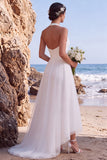 Robe de mariée blanche ligne A à col V asymétrique haute-basse