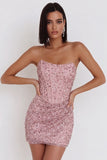 Corset rose à sequins froncés Robe courte Bodycon Bodycon Buster