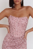 Corset rose à sequins froncés Robe courte Bodycon Bodycon Buster