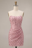 Corset rose à sequins froncés Robe courte Bodycon Bodycon Buster
