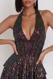 Robe cocktail courte à paillettes noire noire à col nu et à volants à volants