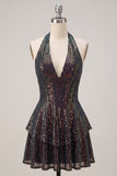 Robe cocktail courte à paillettes noire noire à col nu et à volants à volants