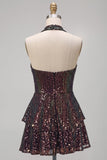 Robe cocktail courte à paillettes noire noire à col nu et à volants à volants