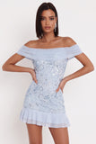 Robe cocktail bleu ciel épaule dégagée paillettes à volants en tulle