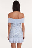 Robe cocktail bleu ciel épaule dégagée paillettes à volants en tulle