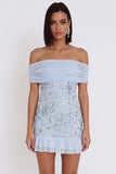 Robe cocktail bleu ciel épaule dégagée paillettes à volants en tulle