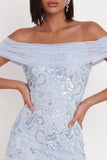 Robe cocktail bleu ciel épaule dégagée paillettes à volants en tulle