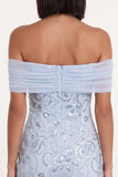 Robe cocktail bleu ciel épaule dégagée paillettes à volants en tulle