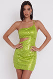 Robe cocktail courte à paillettes bodycon découpée sur une épaule jaune vert