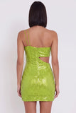 Robe cocktail courte à paillettes bodycon découpée sur une épaule jaune vert
