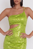 Robe cocktail courte à paillettes bodycon découpée sur une épaule jaune vert