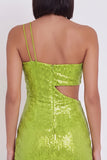 Robe cocktail courte à paillettes bodycon découpée sur une épaule jaune vert