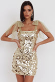 Robe courte courte de rentrée à la maison avec courtes bretelles au champagne scintillant au champagne