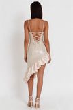 Robe cocktail midi à col en ivoire à volants asymétriques à volants hauts-bas avec paillettes à fourreau