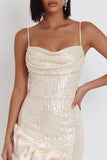 Robe cocktail midi à col en ivoire à volants asymétriques à volants hauts-bas avec paillettes à fourreau