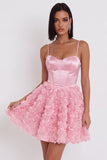 Corset rose A-Line 3D Applications florales Robe courte de rentrée avec dentelle dans le dos
