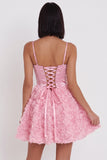 Corset rose A-Line 3D Applications florales Robe courte de rentrée avec dentelle dans le dos