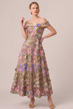 Robe florale de cérémonie midi rose ligne A, à épaules dénudées et appliqués floraux