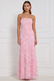 Robe longue de demoiselle d’honneur rose sans bretelles rose à fourreau fleuri appliqué
