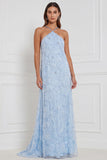Robe longue de demoiselle d’honneur longue longue en ligne A à fils fleuris perlés bleu clair