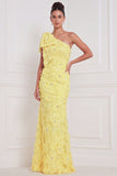 Robe longue de demoiselle d’honneur à fleurs à une épaule en sirène bleu clair