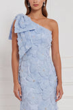 Robe longue de demoiselle d’honneur à fleurs à une épaule en sirène bleu clair