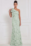 Robe longue de demoiselle d’honneur à fleurs à une épaule en sirène bleu clair