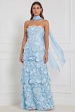 Robe longue de demoiselle d’honneur bleu clair, sans bretelles en ligne A, en 3D à niveaux,