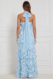 Robe longue de demoiselle d’honneur bleu clair, sans bretelles en ligne A, en 3D à niveaux,