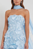 Robe longue de demoiselle d’honneur bleu clair, sans bretelles en ligne A, en 3D à niveaux,
