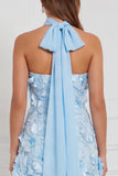 Robe longue de demoiselle d’honneur bleu clair, sans bretelles en ligne A, en 3D à niveaux,
