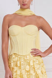 Corset bleu clair, robe longue de demoiselle d’honneur fleurie sans bretelles appliquée avec une fleur 3D