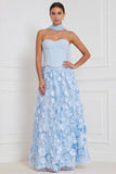 Corset bleu clair, robe longue de demoiselle d’honneur fleurie sans bretelles appliquée avec une fleur 3D