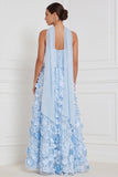 Corset bleu clair, robe longue de demoiselle d’honneur fleurie sans bretelles appliquée avec une fleur 3D