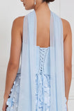 Corset bleu clair, robe longue de demoiselle d’honneur fleurie sans bretelles appliquée avec une fleur 3D
