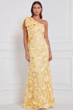 Robe longue de demoiselle d’honneur à une épaule à fourreau fleuri appliquée avec un nœud