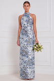 Robe longue de demoiselle d’honneur à fleurs bleu poussiéreux en gaine à dos nus
